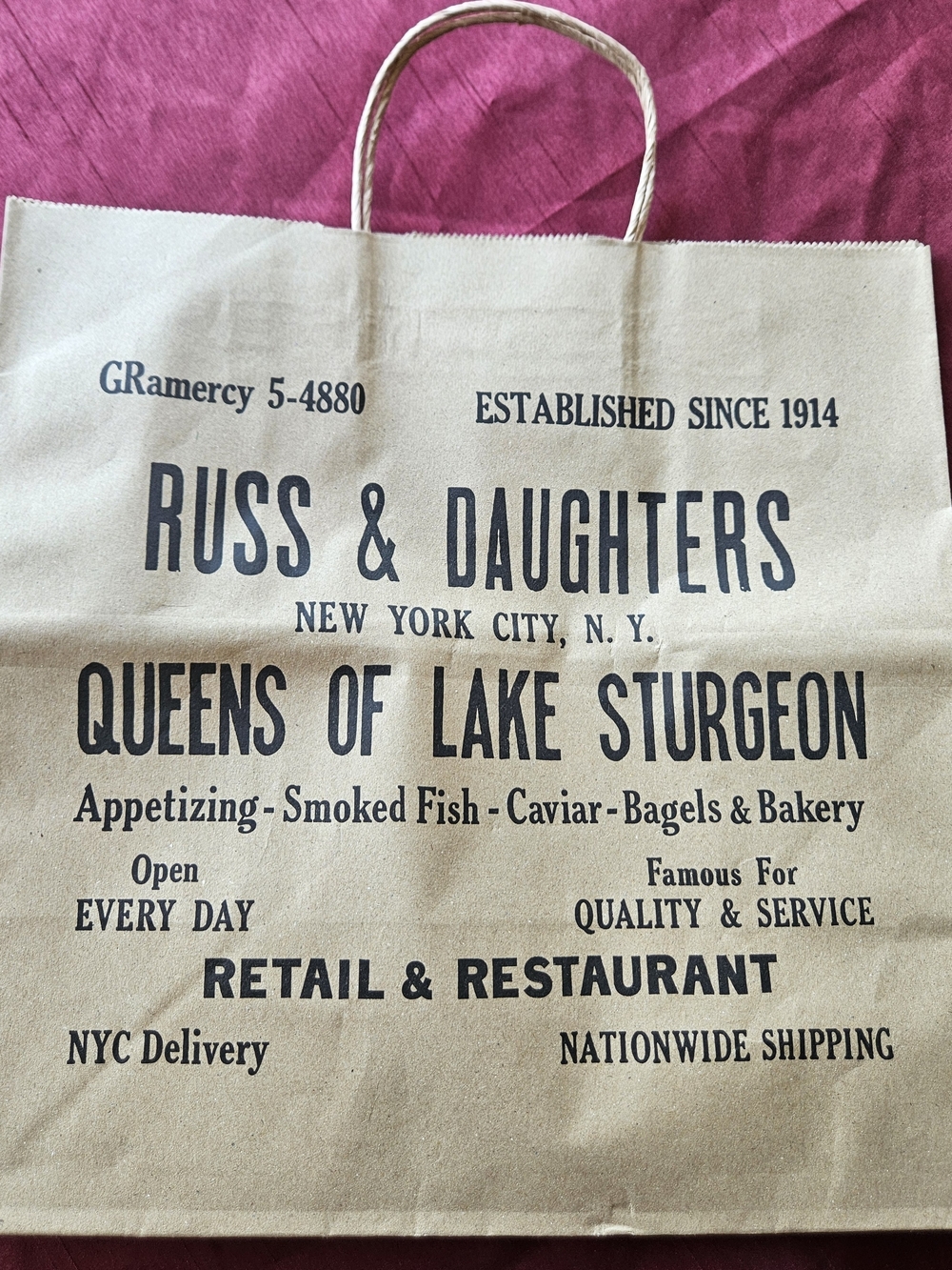 Russ & Daughters Brown Paper Tote Shopping Graphic Print Bag New York Bagel RARE